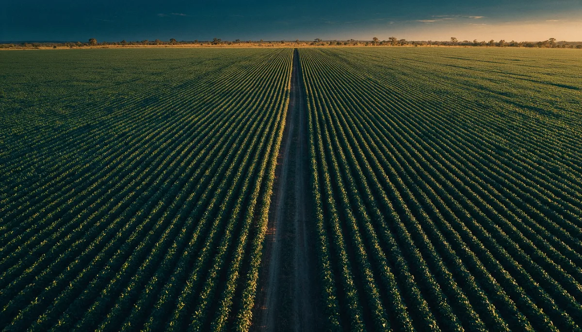 Vista aérea de lavoura em linhas geométricas ao entardecer