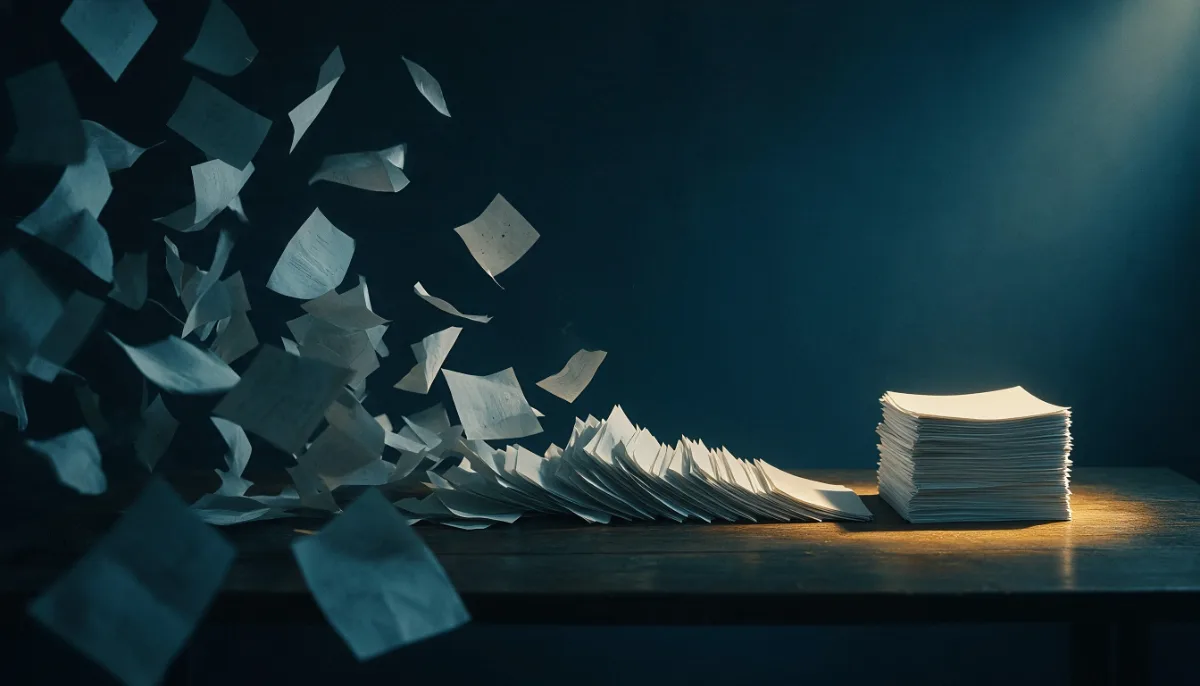 Folhas de papel se organizando em uma pilha perfeita sob a luz