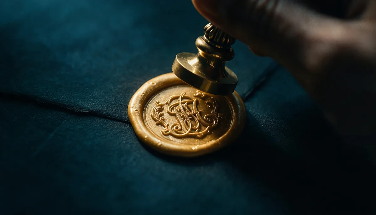 Selo de cera dourado com monograma sendo aplicado